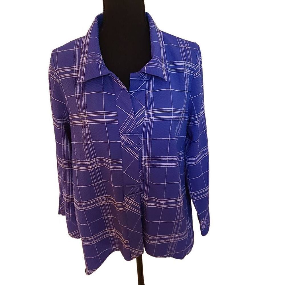 Habitat Womens Blouse Button Down High Low Long Sleeve Plaid Blue XS
